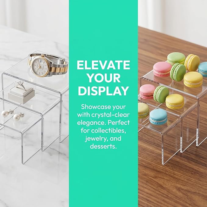 Hedume Set of 9 Clear Acrylic Display Risers for Figures, Buffets, Cupcakes and Jewelry Display Stands