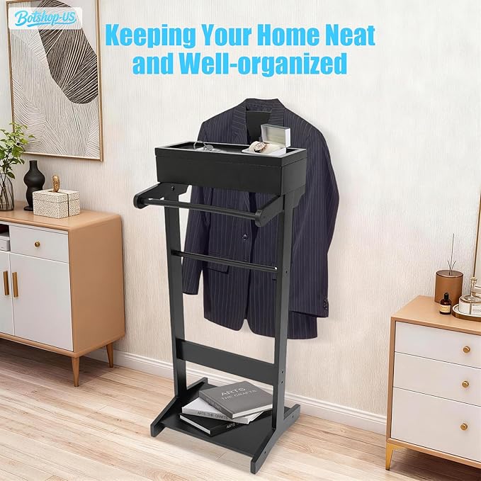 Gdrasuya10 Suit Valet Stands with Drawer & Trouser Holder, Wood Suit Rack for Women and Men, Freestanding Valet Stand Organizer for Office Living Room, Space Saving (Black)