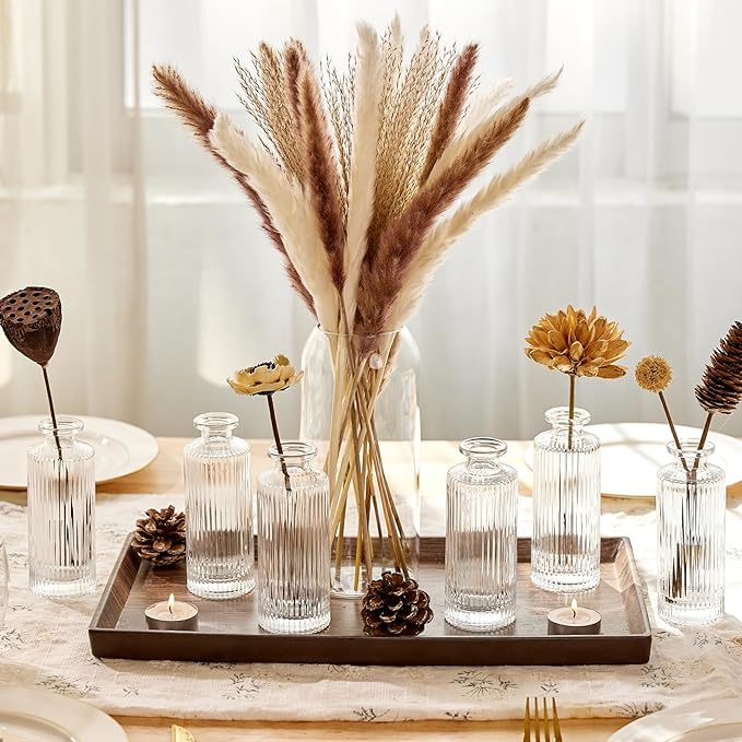 ComSaf Small Vases for Flowers Mini Clear Glass Bud Vases in Bulk, 5.2 inch Tall Mini Flower Vase, Vases for Centerpiece, Ribbed Vase, Wedding Table Ceterpiece, Home Decor, Housewarming Gift (Clear)