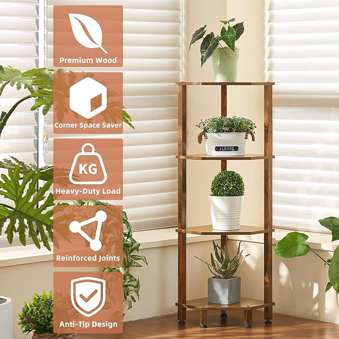 YUFAM 4-Tier Corner Shelf with Sturdy 5-Leg Base, Wooden Corner Bookshelf for Small Spaces, Corner Standing Shelf for Living Room, Bedroom, Office, Brown