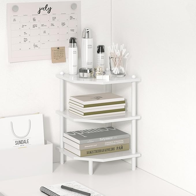 Desktop Corner Stand Shelf for Storage, 3 Tier Corner Shelf Organizer, White Shelves Rack for Small Spaces, Home Office, Kitchen, Bathroom
