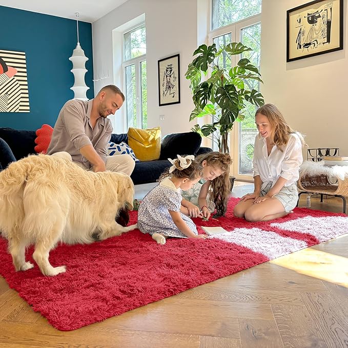 OLANLY 6x9 Machine Washable Large Area Rugs for Living Room, Bedroom, Soft Fluffy Shaggy Bedside Rug, Indoor Floor Carpet for Kids Girls and Boys, Dorms, Nursery, Home Decor Aesthetic, Red