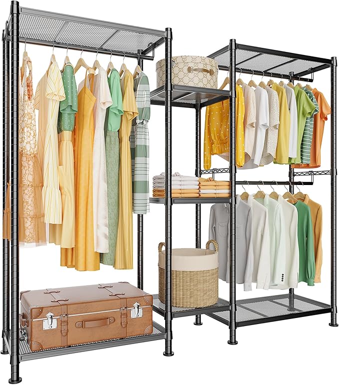 LEHOM G6 Clothes Rack Heavy Duty Freestanding Garment Rack with Shelves, Metal Clothing Closet Wardrobe Storage System for Hanging Clothes, 76.8" D x 17.7" W x 74.4" H, Hold 800 lbs, Black
