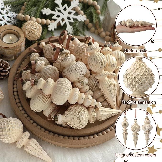Yunlly 18 Pcs Neutral Christmas Ornaments Textured Christmas Tree Decor with Hanging Loop Modern Brown Hanging Ornaments Finial Shatterproof Decor for Xmas Vintage Rustic Farmhouse (Retro White)