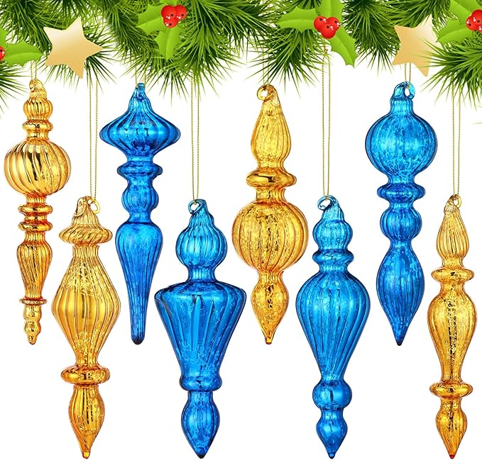 Mifoci 8 Pcs 6 Inch Mercury Glass Finial Christmas Ornaments Hanging Christmas Finials Glass Ornaments Assorted Mercury Decor for Vintage Holiday Xmas Tree Decoration(Blue, Gold)