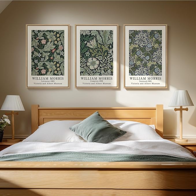 Framed William Morris Canvas Wall Art Set of 3, Green Vintage Floral Prints, Boho Farmhouse Botanical Decor for Living Room Bedroom Hallway Office, 16x24 Inch