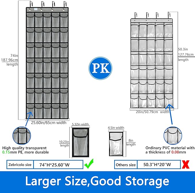 over the door shoe organizer,upgraded,over door shoe organizer,35 Huge clear pockets,over door shoe organizer,Store size 13 shoes,hooks Suitable for various doors,Grey