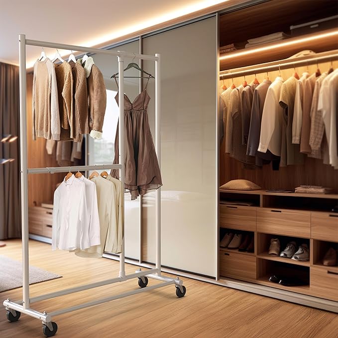 Simple Houseware Dual Bar Adjustable Clothing Garment Rack, 72 Inches Height, White