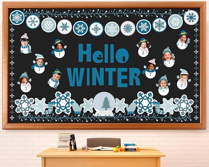 Hello Winter Bulletin Board Set Snowflake Border Classroom Decorations DIY Photo Holiday Snowman Paper Cutouts for Christmas Chalkboard School Home Wall Teacher Supplies