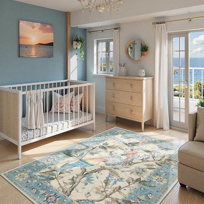 Lahome Botanical Birds Blue Washable Rugs 8x10 for Living Room, Soft Non Slip Dining Room Rugs for Under Table, Large Boho Vintage Indoor Floor Carpet for Bedroom Home Office (8x10ft,Blue)