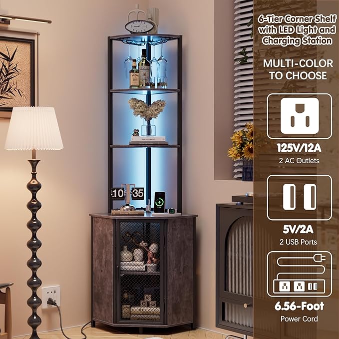 VECELO 6 Tier Corner Shelf with LED Light and Charging Station, 63” Tall Standing Cabinet Organizer, Narrow Bookshelf with Storage Rack for Living Room, Bedroom, Kitchen, Balcony, Small Space