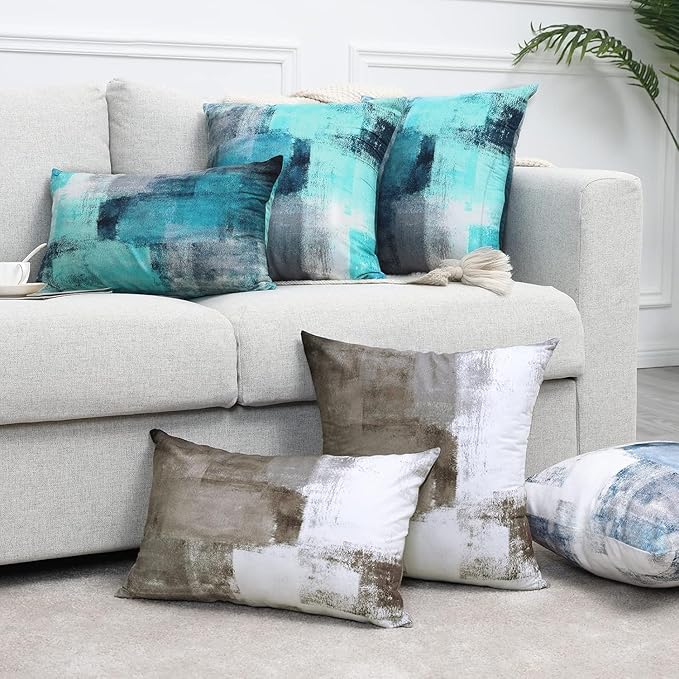 Throw Pillow Covers 20x20 Set of 2 Turquoise and Grey Art Throw Pillow Covers Soft Decorative Couch Pillow Covers for Home Living Room Bedroom