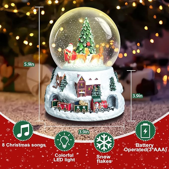 Christmas Snow Globe with LED Light Musical Snowflakes Holiday Decoration Gift, 5.9 Inch Santa Claus and Christmas Tree Water Globe.