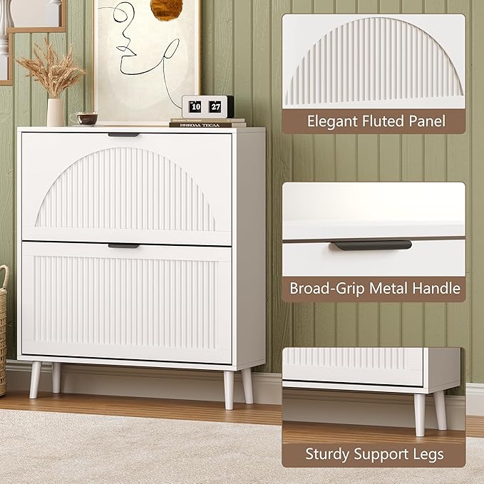 Shoe Cabinet for Entryway with 2 Flip Drawers, Slim Wooden Shoe Storage Organizer with Modern Fluted Pannel，Freestanding Narrow Hidden Shoe Rack for Hallway, Foyer, Living Room