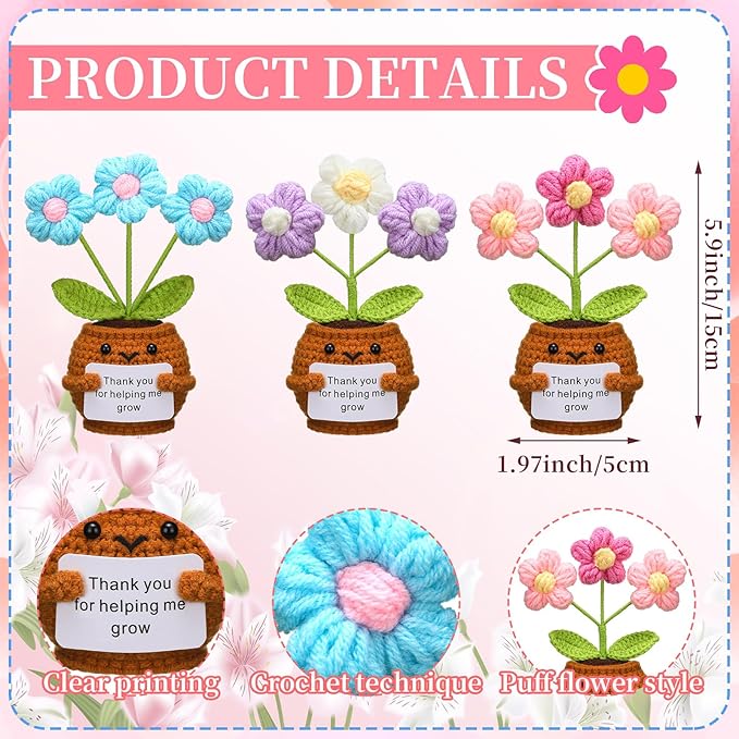Wavwavw 3 Pack Teacher Appreciation Gift Positive Flower Handmade Crochet Doll Thank You for Helping Me Grow Gifts Back to School Gifts for Women Teacher(Puff Flower)