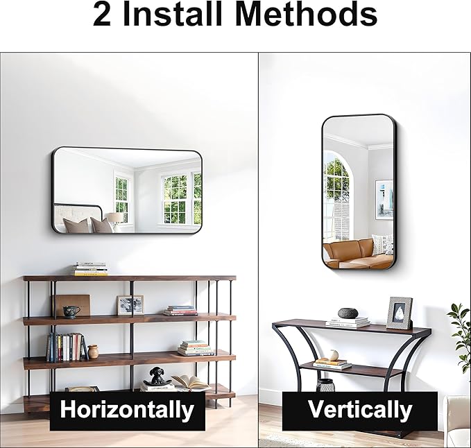 BONEWEI 20x36 inch Bathroom Mirror 2-Pack,Black Rectangle Mirror,Wall Mounted Bathroom Frame Vanity Mirror with Round Corner for Bedroom Living Room, Entryway Hangs Horizontal or Vertical
