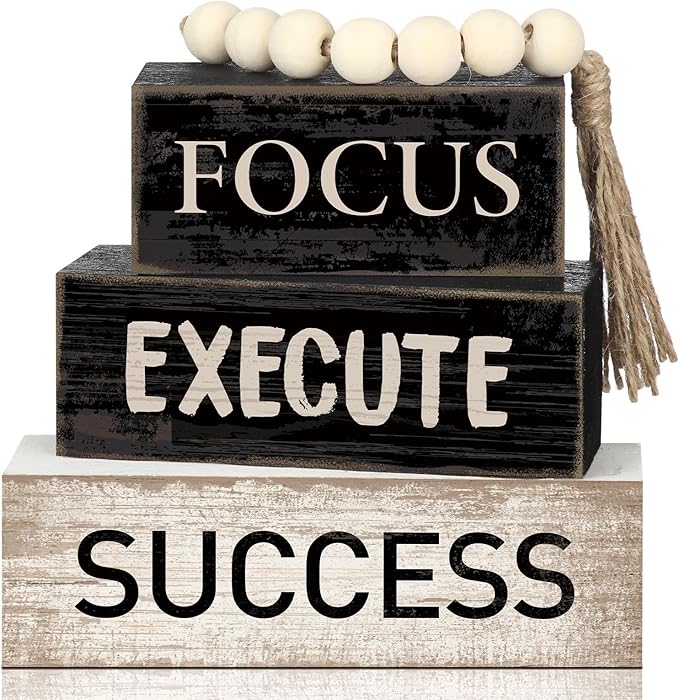 Yuntau 4 Pcs Motivational Desk Decor Wooden Office Decor Inspirational Tiered Tray Decoration Rustic Retro Wood Bead Garland Focus Execute Success Block Sign Farmhouse Centerpiece for Home Shelf