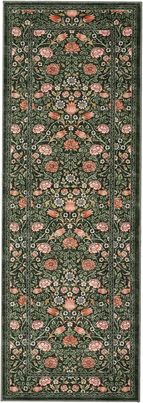 GarveeHome Dark Green Vintage Floral 2x6 Runner Rug Washable Kitchen Rugs Non Slip Boho Long Rug for Hallways Bedroom Entryway Bathroom Mat with Rubber Back