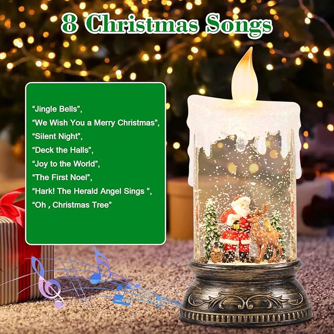 Wondise Rechargeable Musical Snow Globe Lantern with 6H Timer, Battery Operated USB Powered Lighted Snow Globe Lamp Spinning Water Swirling Glitters Holiday Decor Santa Deer
