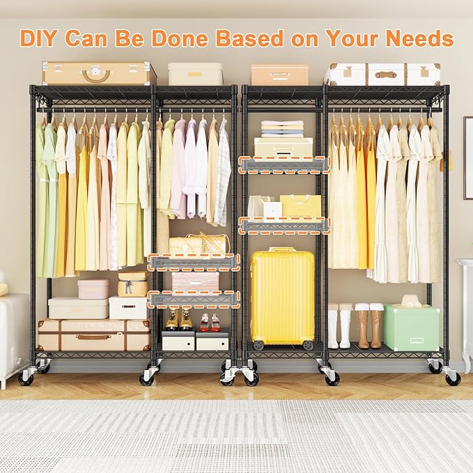 Ulif F4R Heavy Duty Clothes Rack（With Lockable Wheels ） Rolling Clothing Racks for Hanging Clothes，Adjustable Closet Organizer System，Portable Garment Rack 45"W x 15.8"D x 73.5"H，Max Load 650LBS，Black