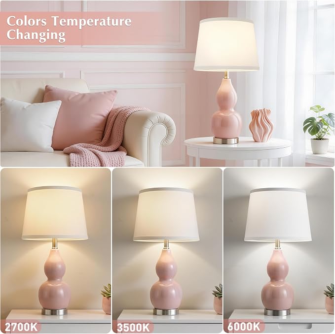 GyroVu 22" Table Lamp Set of 2, Color Temperature Adjustable Double Gourd Ceramic Lamps Classic Nightstand Table Lamps for Bedroom Beside Lamps for Living Room, Pink-Bulbs Included