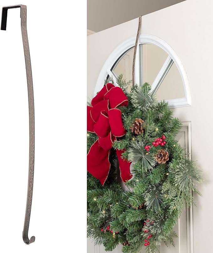 Haute Decor HighProfile Curved Over The Door Wreath Hanger (Holly Embossed - Oil-Rubbed Bronze) for Doors with Raised Features