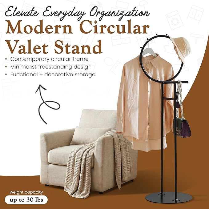 Kings Brand Furniture Cheska Suit Valet Stand with Circular Frame - Tie Jacket Clothes Hooks, Freestanding Clothing Organizer, Black