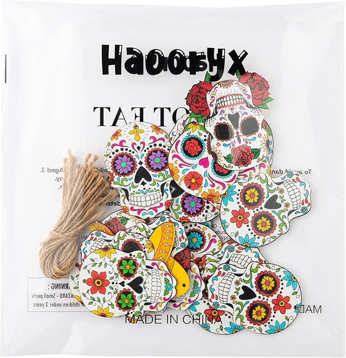 Haooryx Halloween Day of the Dead Ghost Wooden Hanging Ornaments - 25Pcs Sugar Skulls Wood Pendent Decoration Mexican Fiesta Dia de Los Muertos Skull Skeleton Tag for Tree Halloween Party Favor Supply