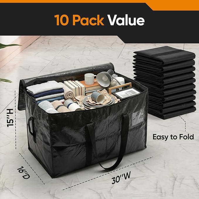 HOLDN’ STORAGE 10-Pack Moving Bags, Large Storage Totes with Zipper Lids, Heavy-Duty Reusable for Clothes, Bedding, Books, 30 Gallons Each