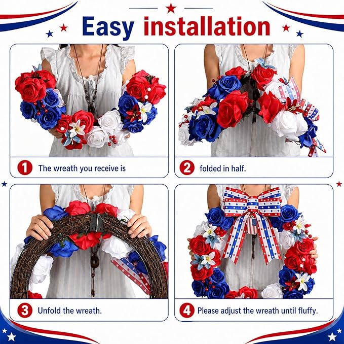 250th Anniversary Lighted Patriotic Wreath for Front Door 22 Inch 4th of July Artificial Red White and Blue Rose Wreath with Oversized Bow American Flag Wreaths for Memorial Day Independence Day Decor