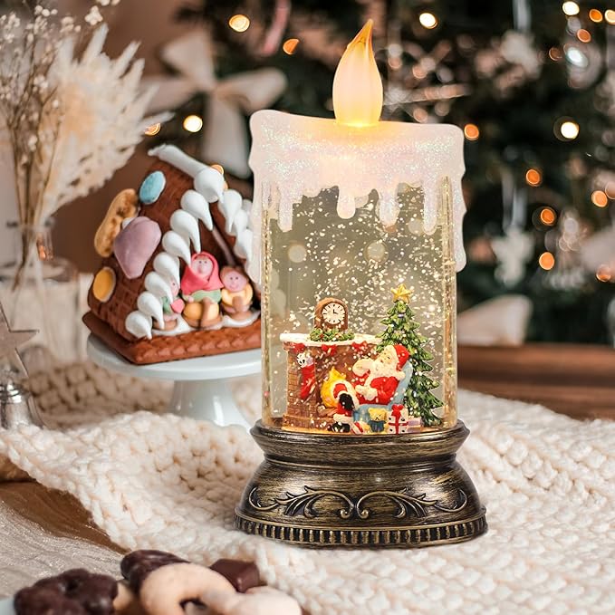 Eldnacele Christmas Music Snow Globe Candle Lamp with Timer Battery Operated & USB Powered Lighted Santa Christmas Tree Fireplace Scene Singing Spinning Water Glitters Xmas Decorations