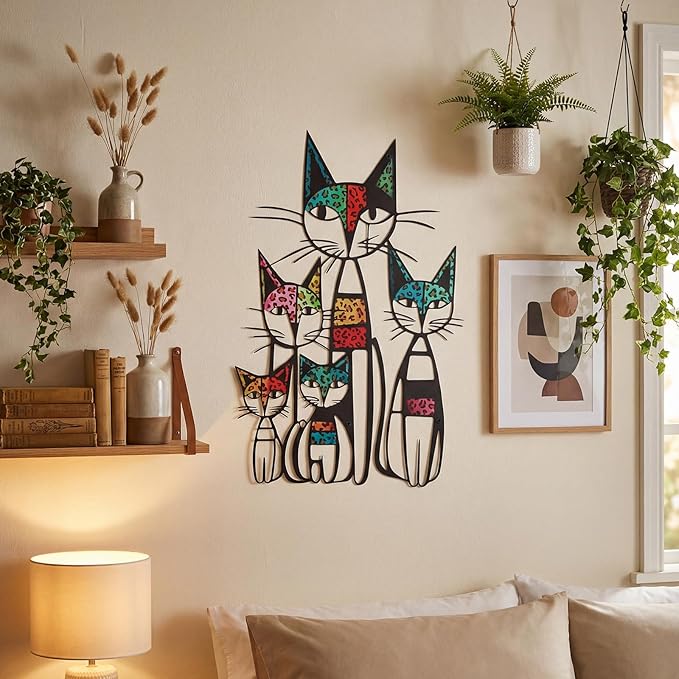 Wesiti Cat Wall Art Decor Iron Wall Sculptures Decor for Cats Lover 10.6 x 15.7 Inches Colorful Mid Century Cat Signs for Home Living Room Bedroom Kitchen Office(Leopard Print)