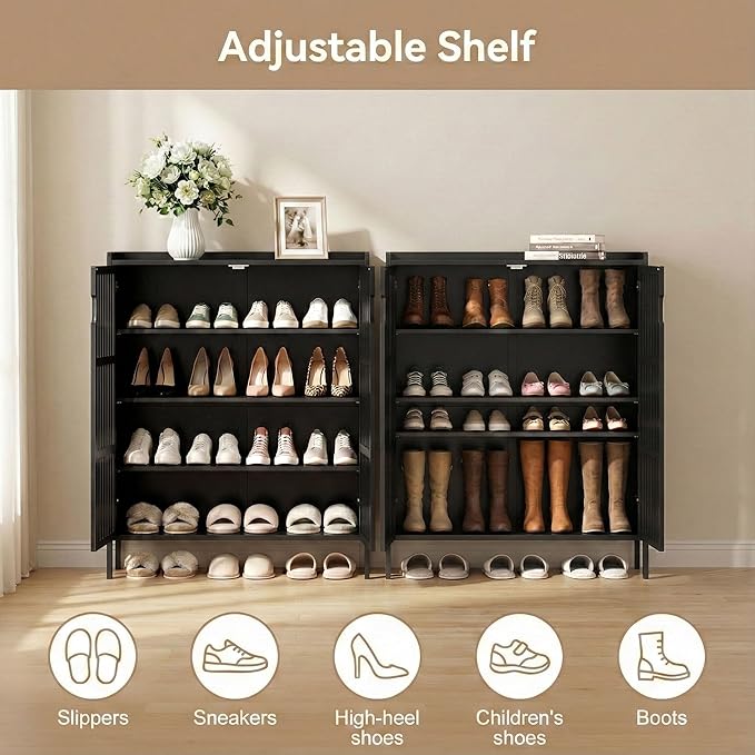 Shoe Cabinet with Doors Bamboo 5 Tiers Shoe Storage Cabinet for Entryway, 25 Pairs Wooden Shoe Cabinets, Modern Shoe Organizer Storage for Living Room, Bedroom, Hallway, Closet Black