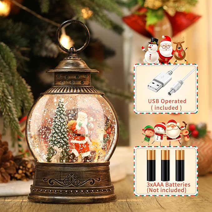 Christmas Snow Globes Christmas Decorations, Lighted Musical Snow Globes Lantern, Santa Decoration Indoor Home Décor & Gift, 6H Timer, USB/Battery Operated