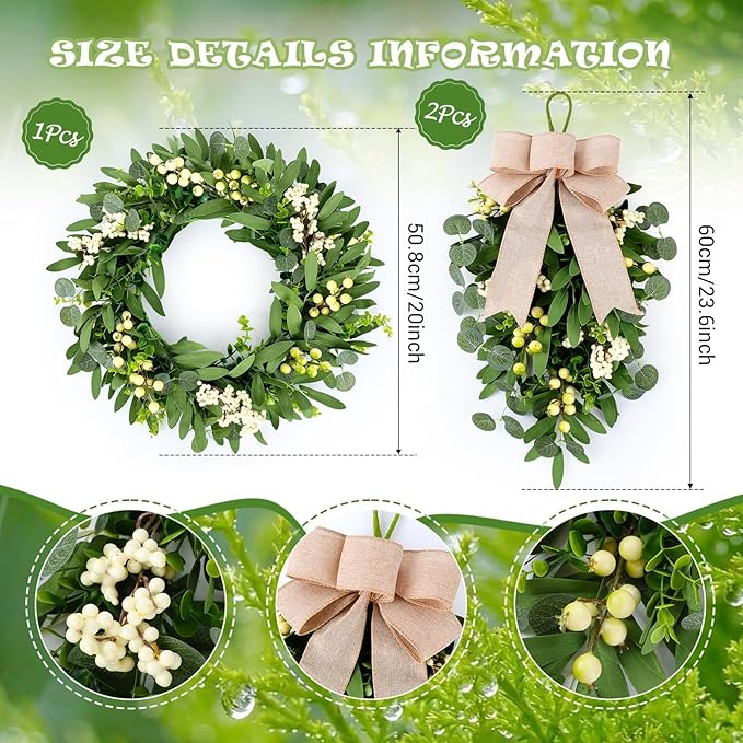 3 PCS Artificial Green Eucalyptus Wreaths for Front Door Spring Summer Greenery Teardrop Swag with Eucalyptus Leaves Olives Mixed Berry for Indoor Outdoor Farmhouse Home Wall Festival Wedding Decor