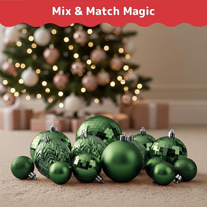 Prextex 36 Piece Christmas Ornaments Set - Emerald Green Christmas Tree Decorations - Shatterproof Ball Ornaments in Small, Medium, and Large Sizes - Durable Holiday Decor for Indoor and Outdoor Use
