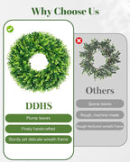 DDHS 16-18in Small Boxwood Wreath for Front Door – Artificial Green Farmhouse Wreath, Spring Summer Fall Winter DIY Decor, for Indoor Outdoor Year-Round Wedding Home Decorations