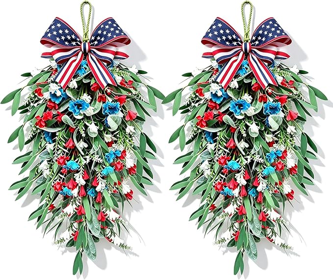 2 Pack 21'' 4th of July Swag Wreaths for Cabinets Independence Day Floral Teardrop Wreath with Artificial Flower and Eucalyptus Leaves Wreath Hanger for Farmhouse Front Door Porch Window Wall