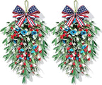 2 Pack 21'' 4th of July Swag Wreaths for Cabinets Independence Day Floral Teardrop Wreath with Artificial Flower and Eucalyptus Leaves Wreath Hanger for Farmhouse Front Door Porch Window Wall
