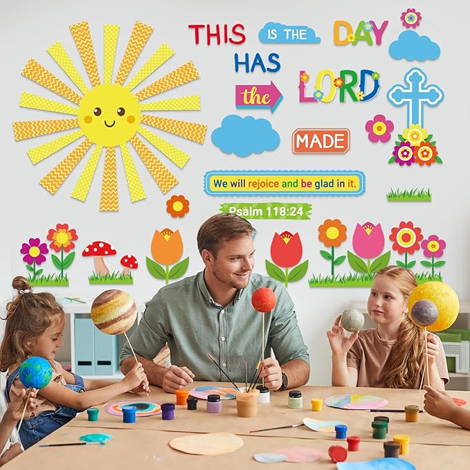 HIQINLUG Religious Christian Classroom Bulletin Board Set with Lord Spring Theme Elements for Sunday School Bible Classroom Wall Decor