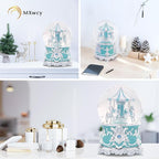 Carousel Music Box Silver Turquoise Christmas Snow Globes, 7.1" Glass Rotate Carousel Snow Globe for Kids & Adults, Classic Wind up Musical Snow Globe Valentines Day Gifts, Carousel Horse Home Decor
