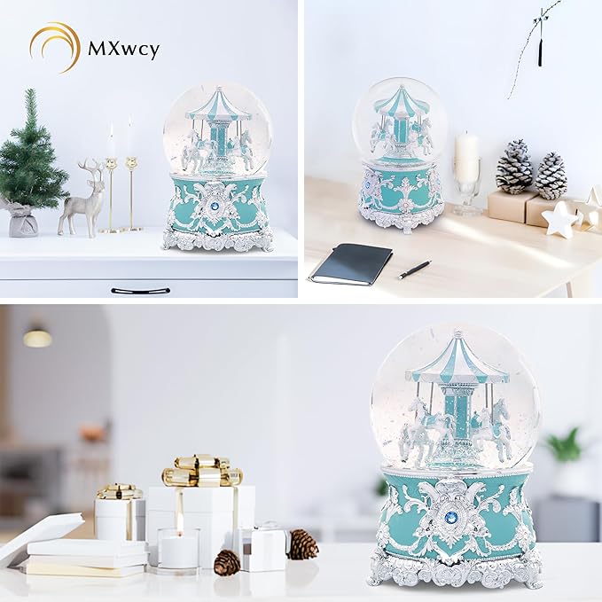 Carousel Music Box Silver Turquoise Christmas Snow Globes, 7.1" Glass Rotate Carousel Snow Globe for Kids & Adults, Classic Wind up Musical Snow Globe Valentines Day Gifts, Carousel Horse Home Decor