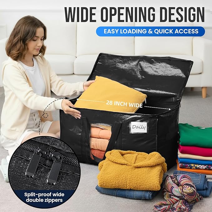 TAILI Extra Large Moving Bags, 2 Pack Black Heavy Duty Totes For Storage with Visible Window, Wrap Around Handles, Storage Bags for Space Saving, Alternative to Moving Boxes