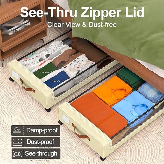 GoMaihe Under Bed Storage with Wheels: 48L Underbed Storage Containers with Lids - Rolling Bins for Shoes Clothes in Dorm Bedroom - Metal Drawers Easy Pull-out Beige 2-Pack