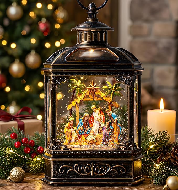 Christmas Snow Globe Swirling Glittering Nativity Scene with Music, USB Lined/Battery Operated Lighted Water Lantern for Christmas Festival Decoration Gifts