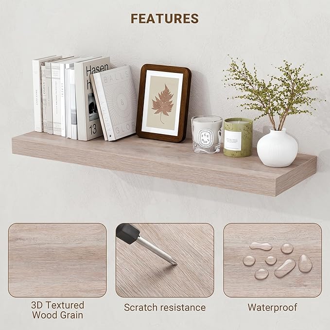 Acovy 24 Inch Floating Shelves, 3D Textured Wood Grain, 24"x9.25"x1.5" Inch Deep Floating Shelves for Wall, Wooden Shelves for Bathroom, Bedroom, Living Room, Washed White, 2 Pieces