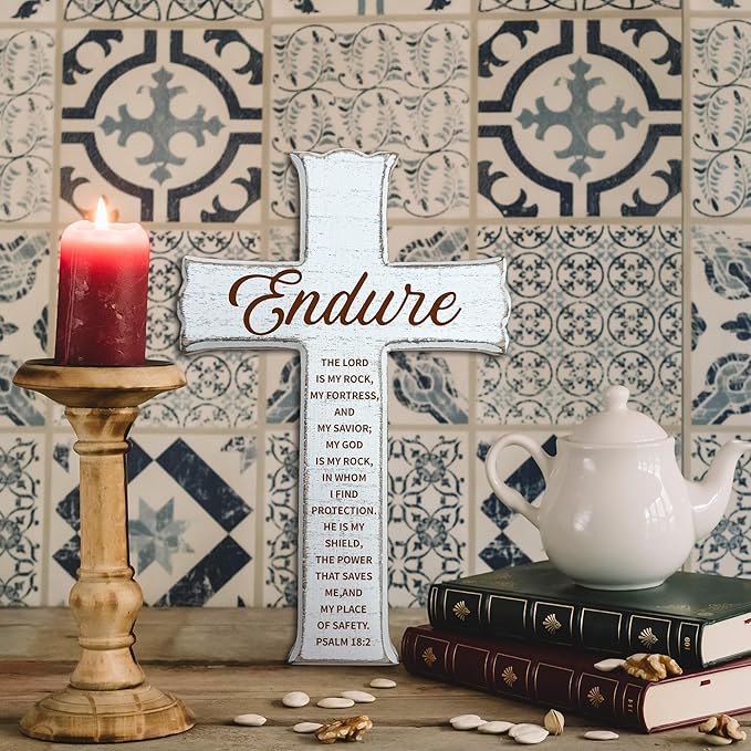 dsjaidh Cross Wall Decor - White Scripture Wooden Cross For Wall - Minimalist Wooden Hanging Signs Christian Easter Decor for Home Office Church Baptism - Christian Gifts for Men Women (Endure)- A01