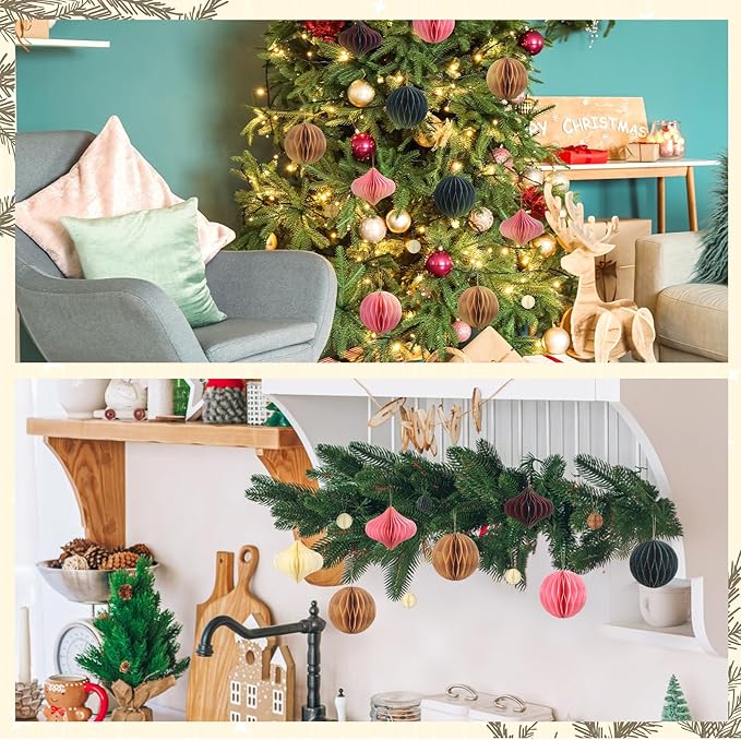 TecUnite 50 Pcs Christmas Paper Honeycomb Ornaments for Tree Vintage 3D Mini Glitter Edge Paper Christmas Ornament Honeycomb Tree Hanging Neutral Boho Holiday Xmas Party Decoration(Boho)