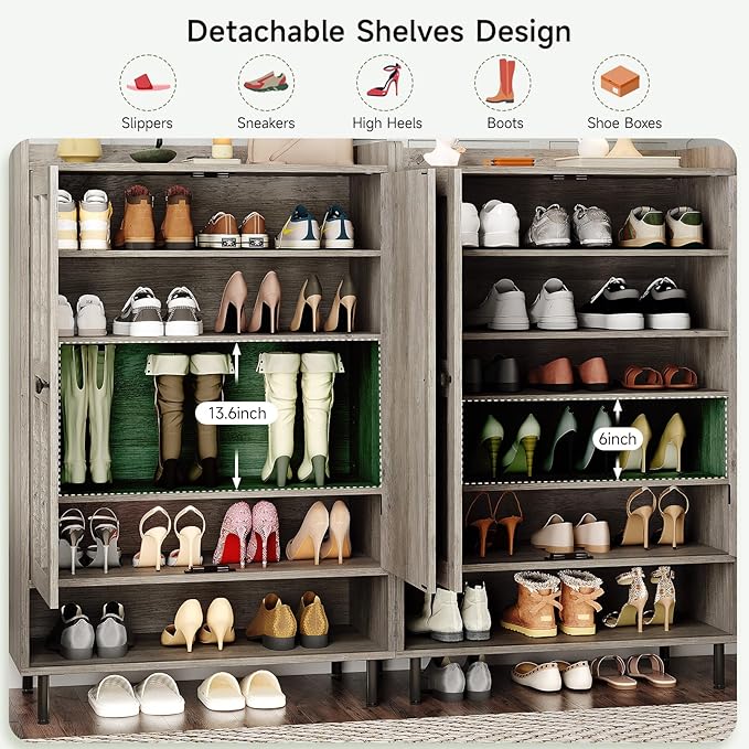 ONBRILL Shoe Cabinet with Cross Molding Doors, 6-Tier Shoe Storage Cabinet with 3 Adjustable Shelves and Metal Legs, 45'' Tall Shoes Rack Organizer Cabinet for Entryway, Front Door, Gray Wash
