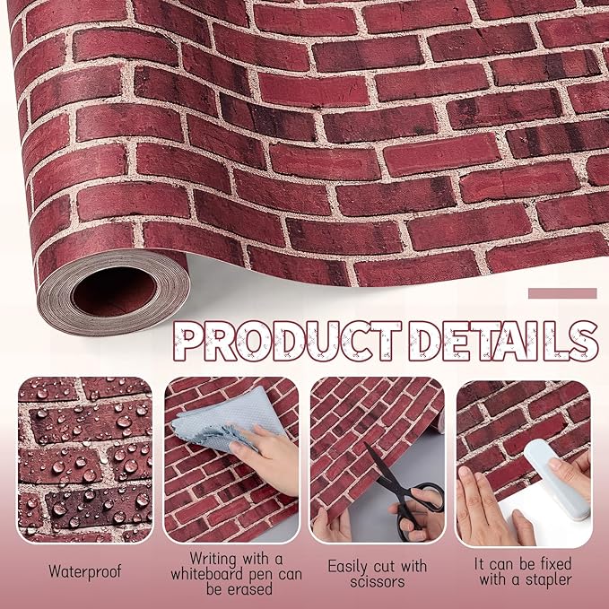Hahafelt 1.3x39 ft Fabric Bulletin Board Roll Reusable Waterproof Erasable Bulletin Board Wrinkle Resistant Non-Woven Fabric Roll for Background Decor DIY Craft(Brown,Brown Brick)